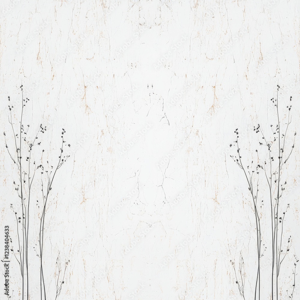 Poster a minimalistic design featuring delicate, slender branches with small buds against a soft white back