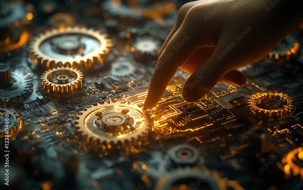 Aufkleber golden gears in motion, guided by a hand with a glowing interface, representing control, accuracy, a