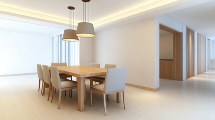 Minimalist dining area, elegant wooden table, neutral chairs, pendant lighting, open and airy, stylish 