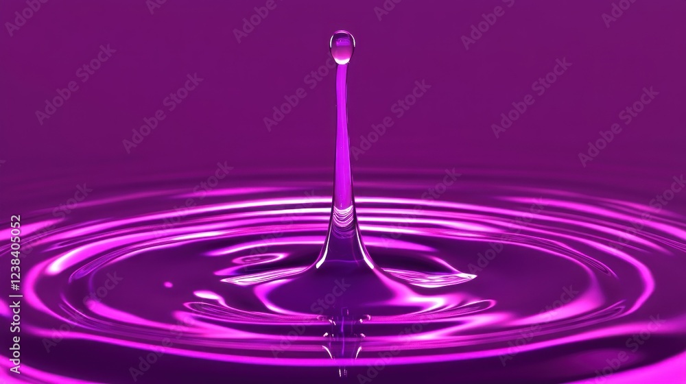 Poster vibrant purple water drop splashing in liquid surface creating ripples and reflection under soft lig