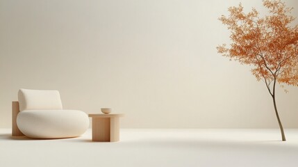 Minimalist living space, open layout, neutral furniture, modern decor, soft lighting