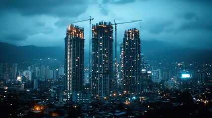 Fototapeta premium Night View of Modern Skyscrapers Under Construction in a City