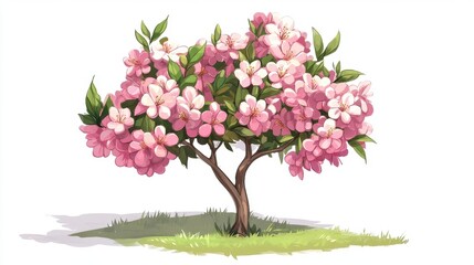 Naklejka premium Pink Flowering Tree with Blooming Blossoms on a Grassy Base