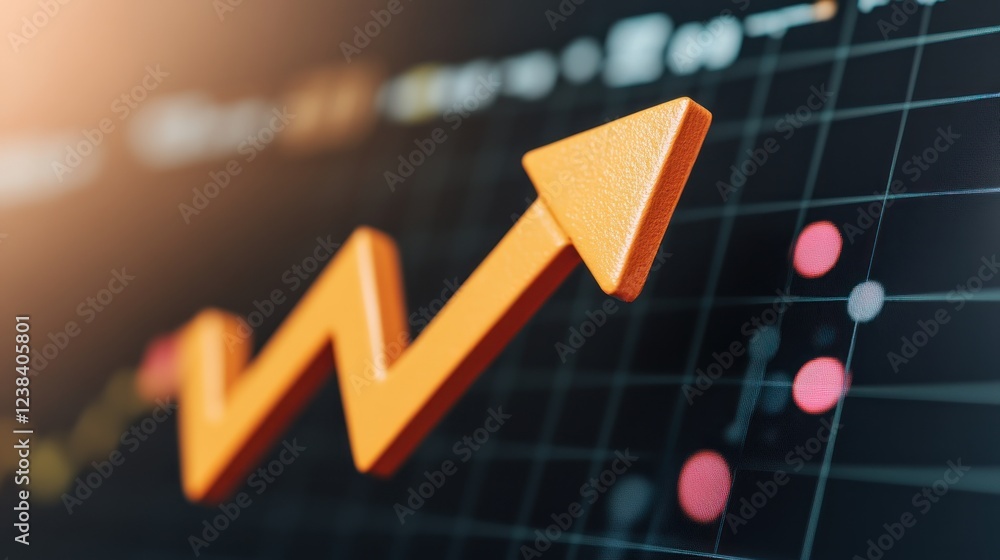 Poster Bright Orange Arrow Representing Financial Growth on Digital Chart With Data Visuals and Analytics Elements