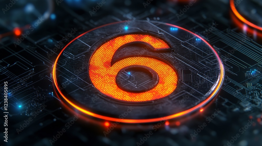 Poster glowing 3d number 6 in futuristic style on digital abstract background with circuitry
