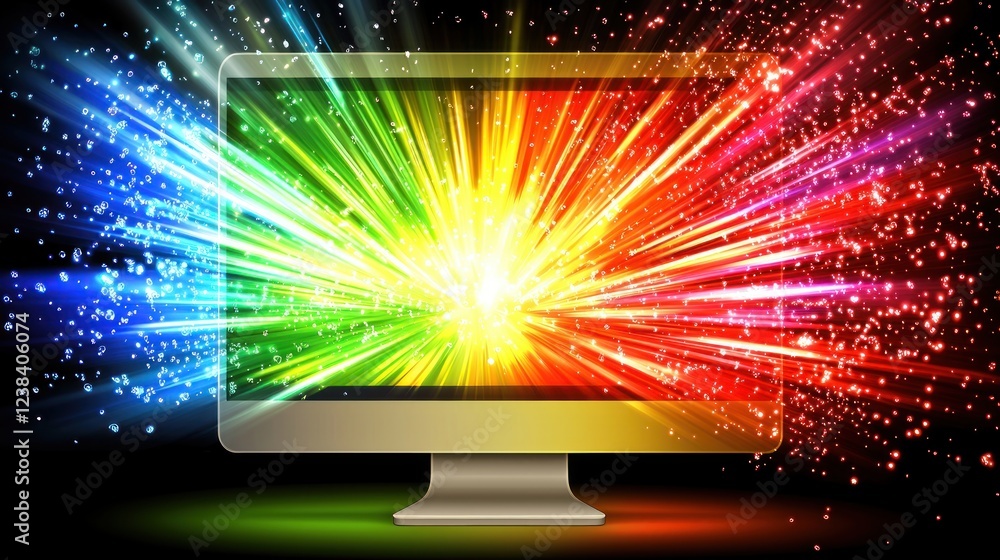 Poster Colorful Explosion of Light Emanating from Computer Screen in a Dark Environment