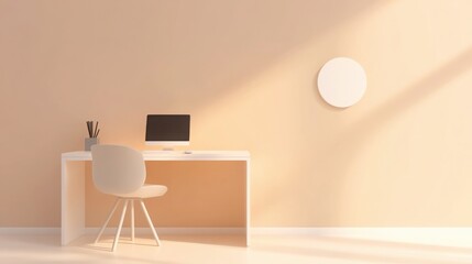Minimalist workspace, clean white desk, simple chair, neutral decor, soft lighting, productivity-focused