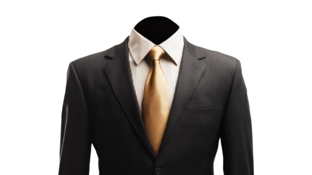 Elegant business suit with gold tie and transparent background, perfect for easy integration