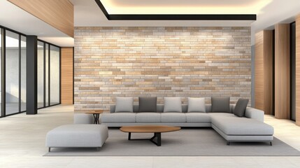 Modern loft interior, neutral tones, exposed brick, large open space, sleek furniture