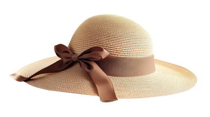 Elegant straw hat with brown ribbon and bow on transparent background