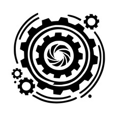 Abstract Gear Mechanism: A Black and White Technological Design.  Intricate circular pattern of cogs and wheels, symbolic of engineering, innovation, and complex systems.