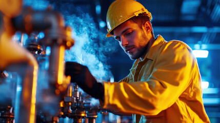 Oil refinery worker adjusting valves in smoky environment, focused and diligent