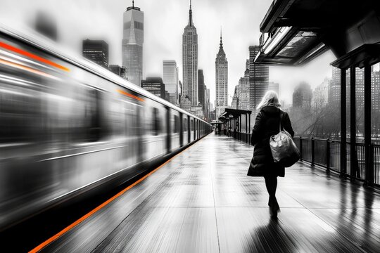 A commuter immediately rushing to catch a departing train, with doors about to close and their bag swinging in motion