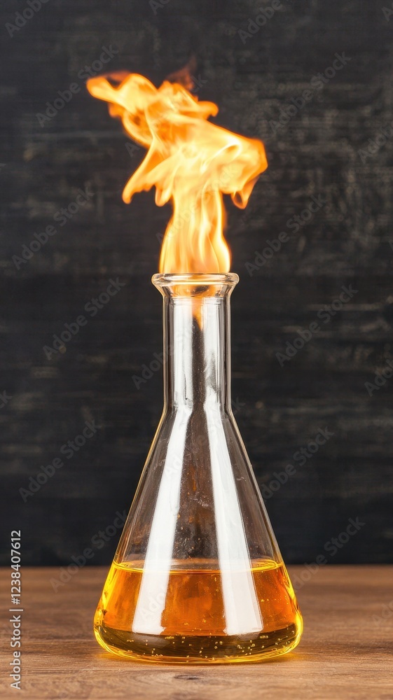 Poster flammable liquid in erlenmeyer flask burning with intense fire science experiment