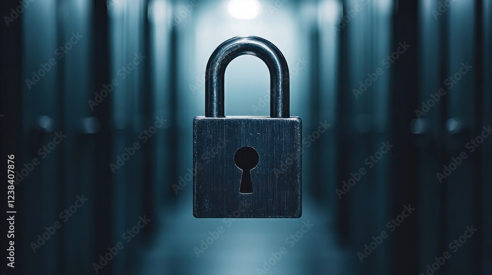 Poster metal padlock hanging in a darkened hallway symbolizing security and privacy in digital and physical