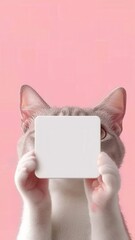 Obraz premium Adorable Grey Cat Holding Blank White Sign Pink Background Pet Cute