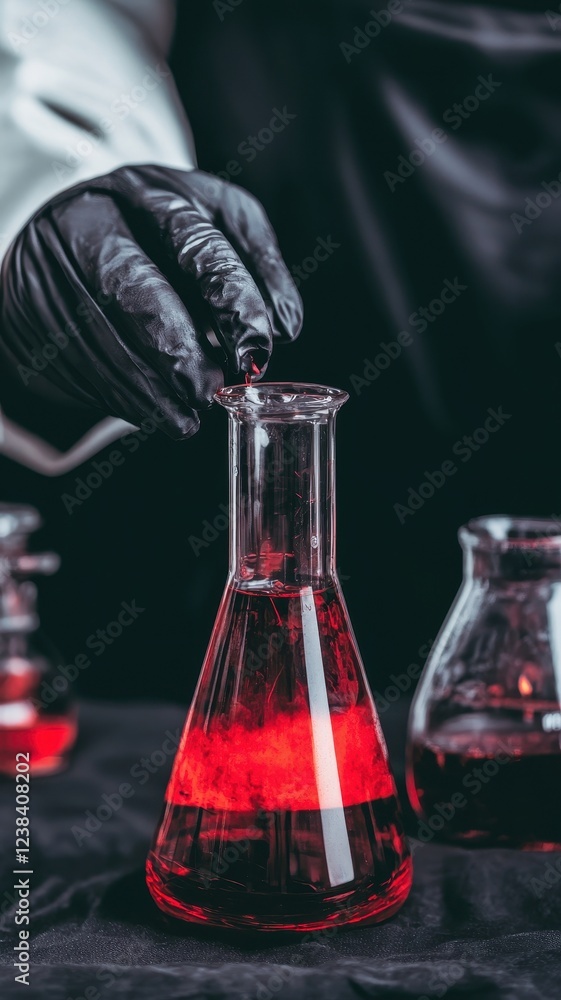 Poster gloved hand pouring red liquid into erlenmeyer flask science experiment