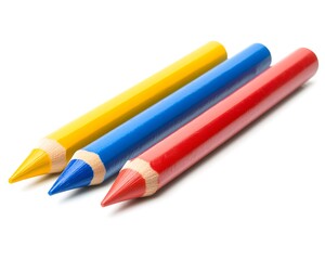 Fototapeta premium Three colored pencils red yellow and blue lying on a white surface.