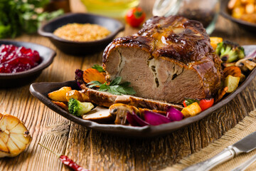 Whole roasted pork neck.