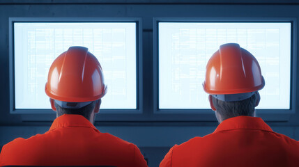 Technicians in orange uniforms and helmets monitoring digital systems