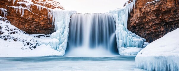 Frozen waterfall nature idea. A serene frozen waterfall cascading over icy rocks in a winter landscape.