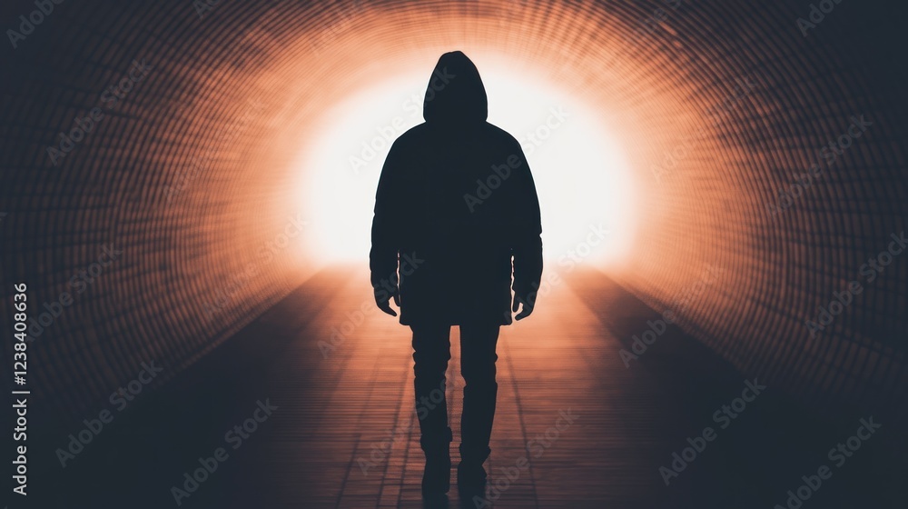 Poster mysterious silhouette of person standing in dimly lit tunnel with bright light at end