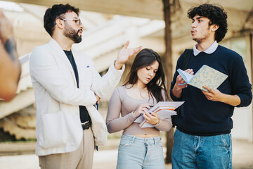 A group of students having an animated discussion with a professor outdoors. They appear focused and engaged, holding books and notes, exemplifying a collaborative learning environment.