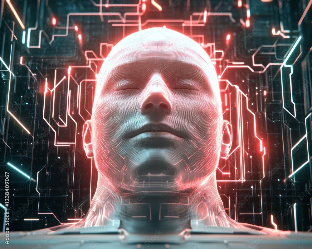 Poster Futuristic Concept of a Human-like Robot with Abstract Circuit Patterns in Neon Colors and High-tech Elements