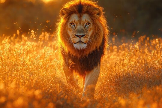 Majestic Lion Walking Through Golden Grassland Sunset