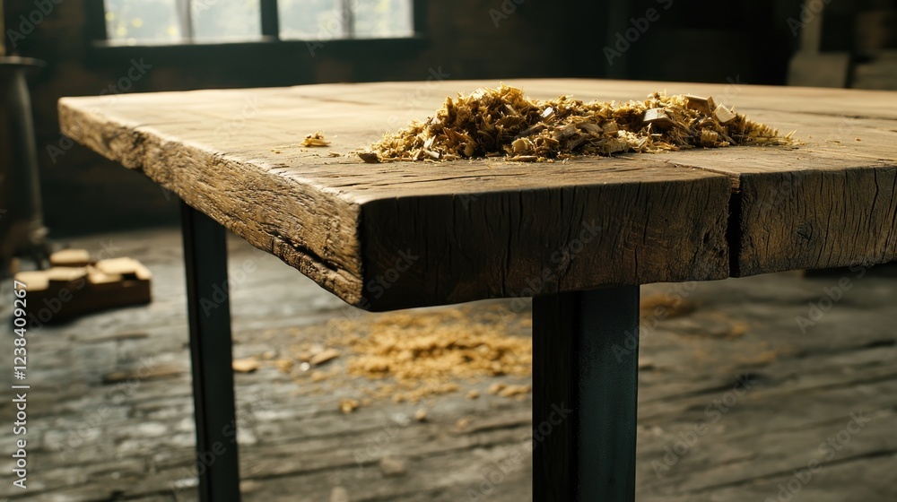 Poster rustic woodworking table with shavings in a workshop setting showcasing craftsmanship and natural ma