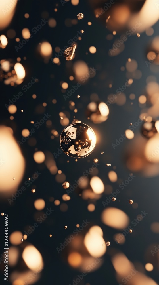Poster abstract golden bubbles and particles floating in a dark background