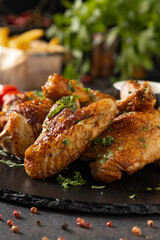 Mix of baked chicken pieces.