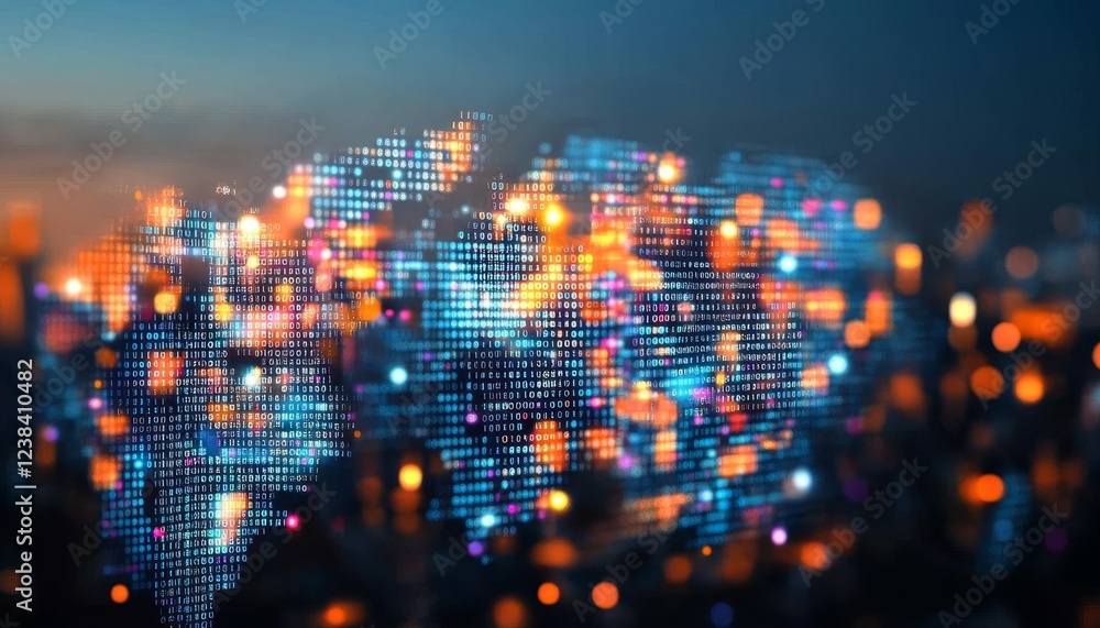 Poster abstract futuristic map of digital data analysis with connected global network city lights