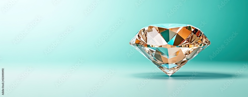 Poster shimmering crystal diamond on a soft turquoise background with reflections and highlights in a dazzl