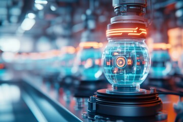 A futuristic depiction of an automated hydration station, with glowing holographic controls dispensing water, symbolizing the necessity of hydration in advanced settings