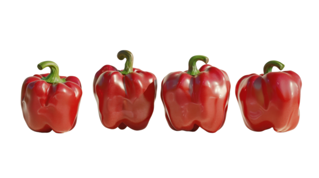 Four red bell peppers rotating on transparent background