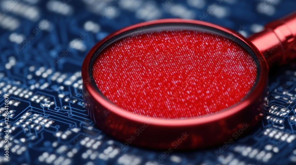 Aufkleber Magnifying Glass Positioned Over Digital Circuit Board Highlighting Technology and Innovation in Modern Electronics and Computing