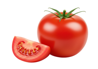 A tomato and a half slice tomato isolated on white background, front angled view, no depth of field, sharp