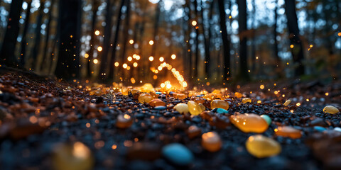 Forest Floor with Colored Stones and Bokeh Lights