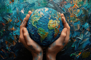 Hands cradle planet Earth in vibrant colors showcasing care for the environment and humanity's responsibility
