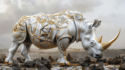 A rhino made of fractal elements in white and gold colors.