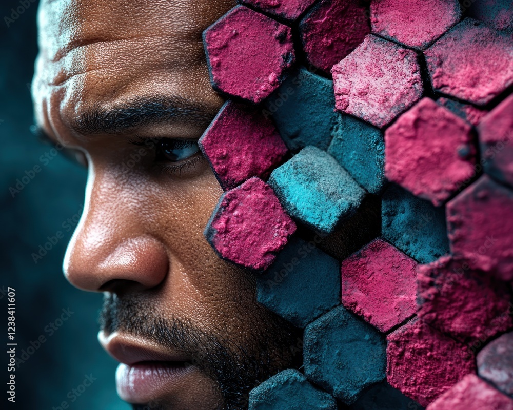 Poster intense profile of man with colorful hexagonal pattern emerging from his face in abstract art style