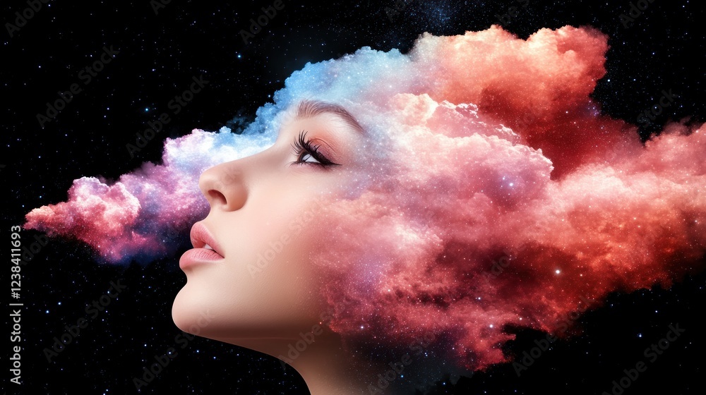 Poster ethereal portrait with cosmic clouds surrounding woman's face in a starry universe background