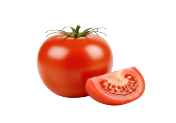 A tomato and a half slice tomato isolated on white background, front angled view, no depth of field, sharp