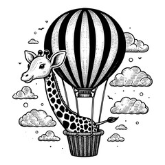 giraffe integrated with a hot air balloon, floating among clouds, creating a surreal and imaginative scene sketch engraving generative ai PNG illustration. Scratch board. Black and white image.