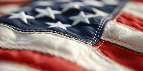 Close-up of American Flag Detail: Stars, Stripes, and Stitching
