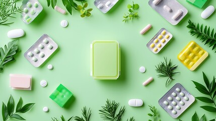 An engaging poster background incorporating a mosaic of various pill blister packs and natural plant elements, arranged to convey a message of environmental responsibility through medication disposal.