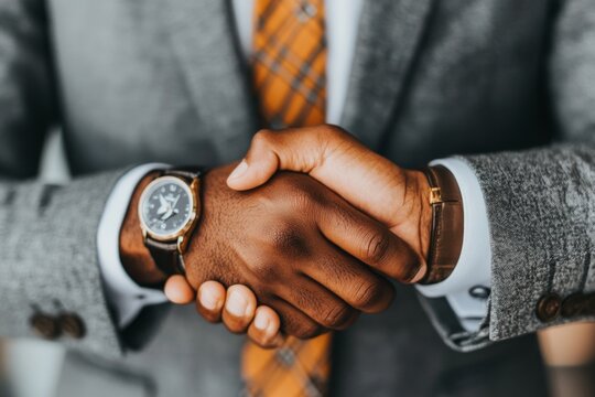 A hyper-realistic close-up of a professional introducing themselves with a confident handshake, showing sharp details like their suit fabric and a genuine smile