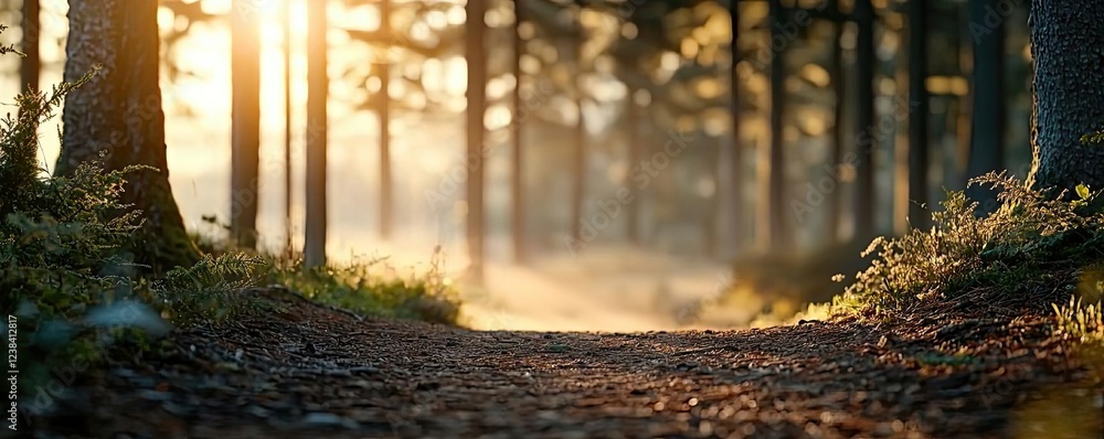 Aufkleber golden hour forest nature concept. sunlight filters through trees along a serene forest path, creati