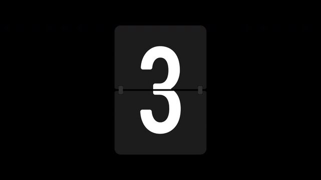 Number 3 isolated flip board motion graphic with alpha channel. Airport scoreboard display panel animated on transparent background. Three, countdown, black, white, blue, red, yellow.